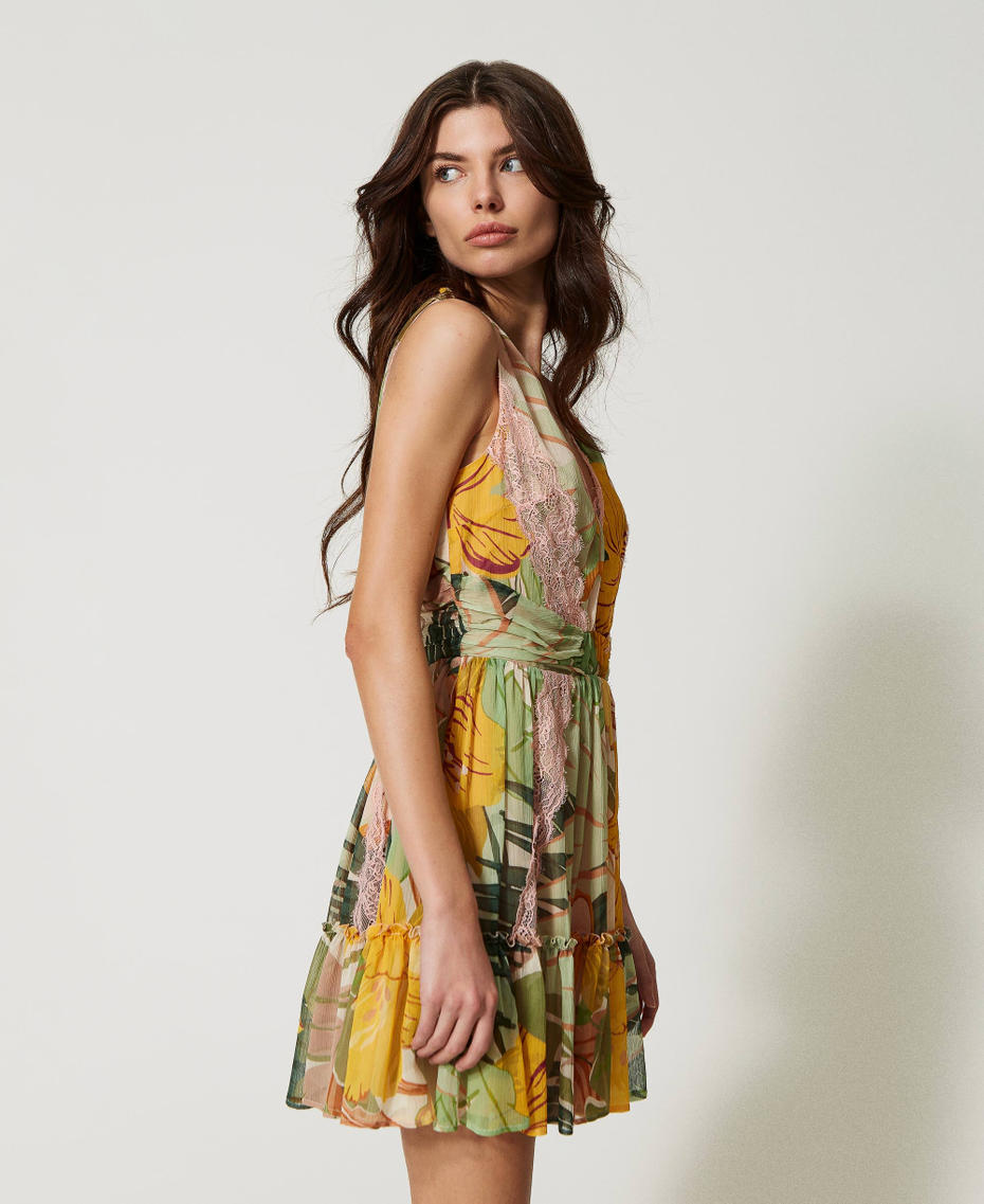 Kurzes Kleid aus bedrucktem Krepon Print Wild Jungle Frau 231AT2222-03