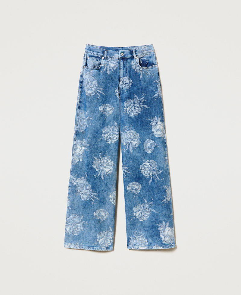 Jeans wide leg con stampa rose