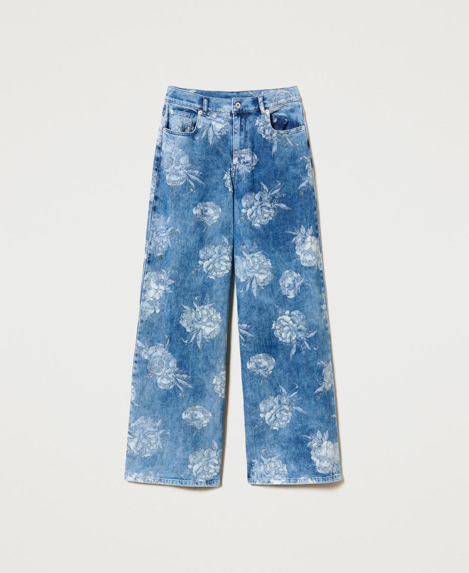 Jeans wide leg con stampa rose
