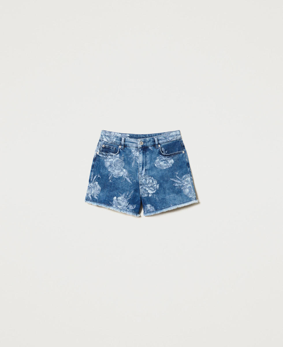 Denim shorts with rose print Woman Blue TWINSET Milano