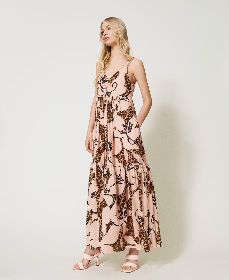 Long printed muslin dress with flounces Wild Crocodile print Woman 231AT2270-03