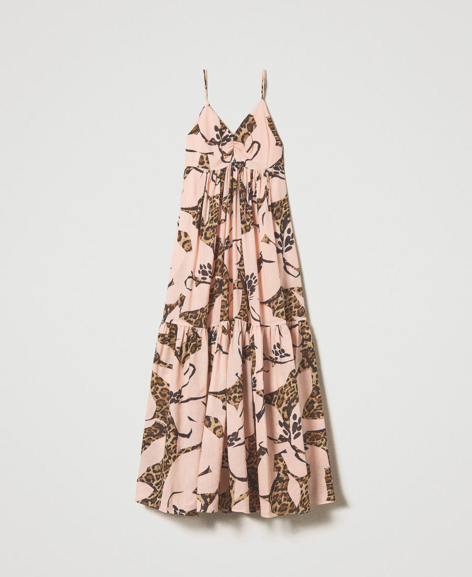 Long printed muslin dress with flounces Wild Crocodile print Woman 231AT2270-0S