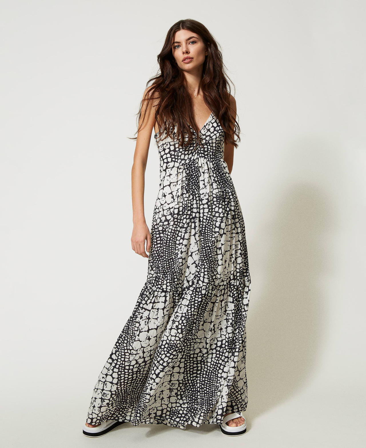 Long printed muslin dress with flounces Wild Crocodile print Woman 231AT2270-02
