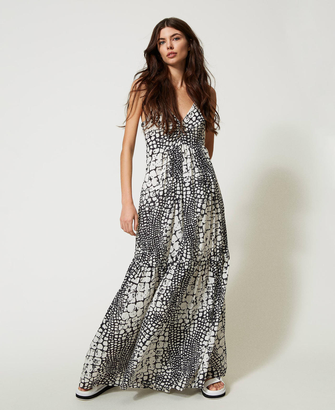 Long printed muslin dress with flounces
