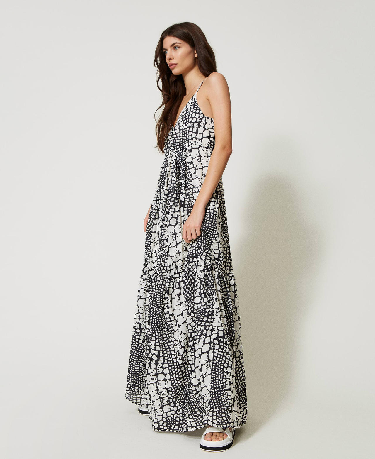 Robe longue en mousseline imprimée avec volants