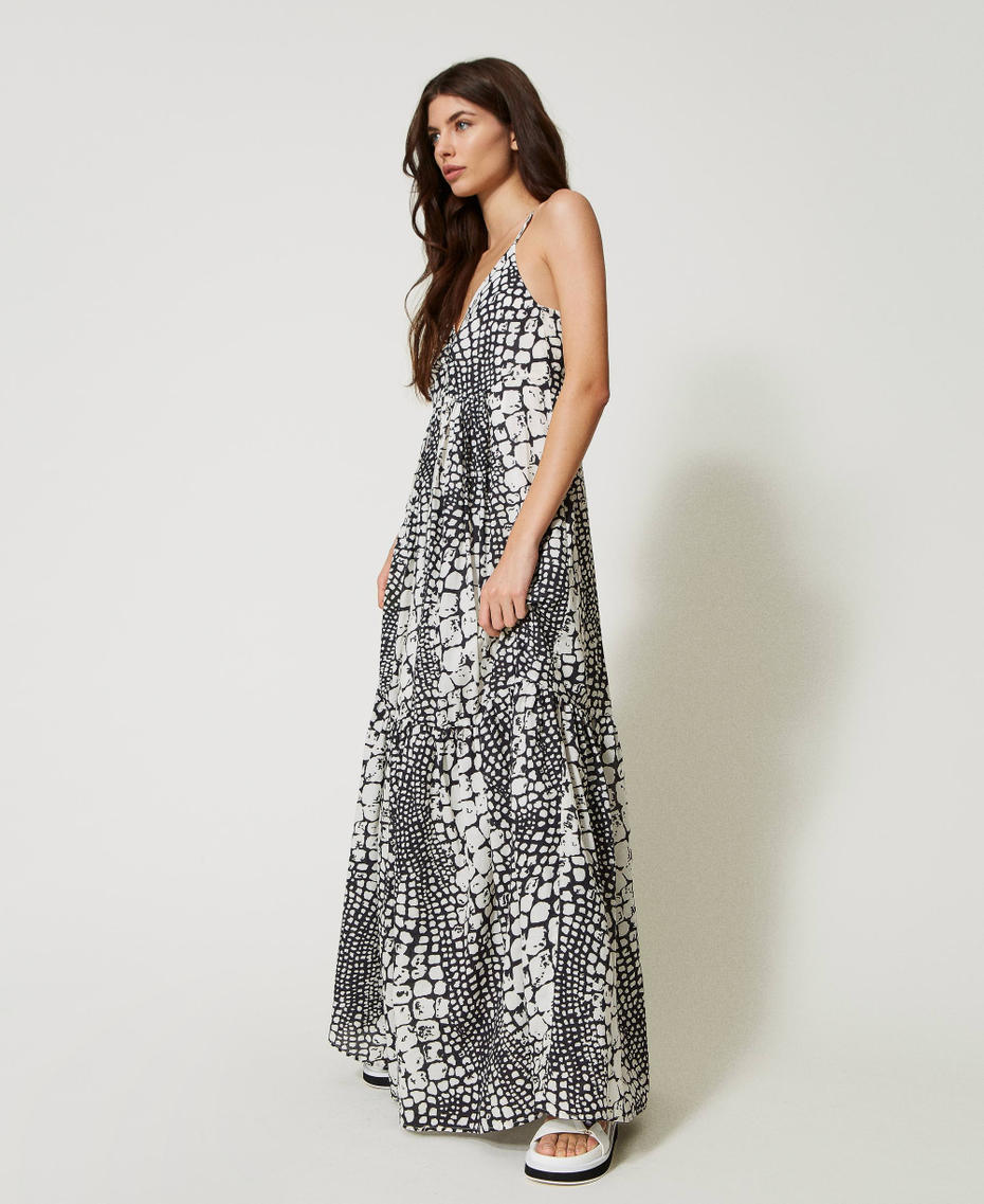 Long printed muslin dress with flounces