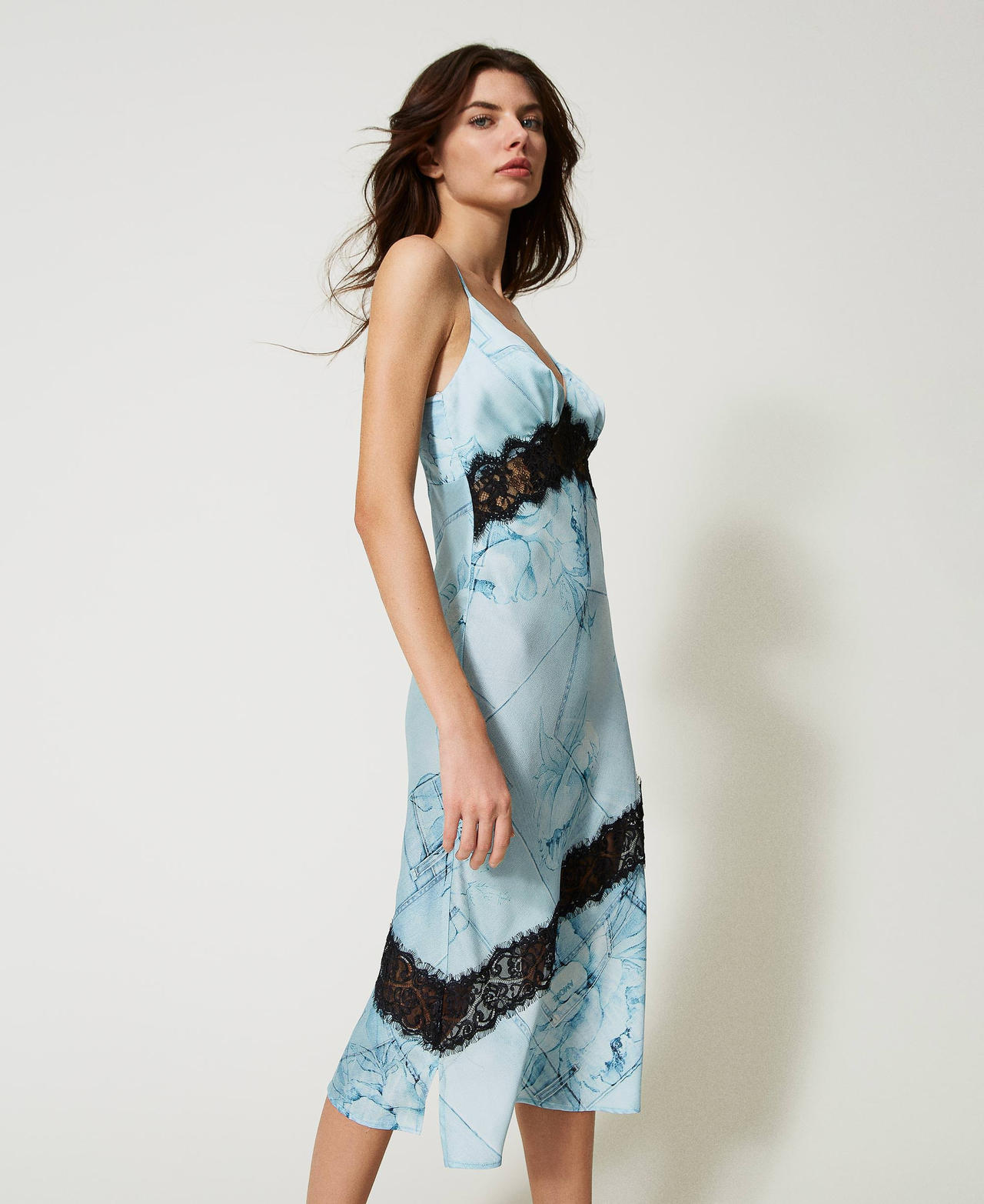 Satin slip dress with lace Denim & Flowers print Woman 231AT2281-02