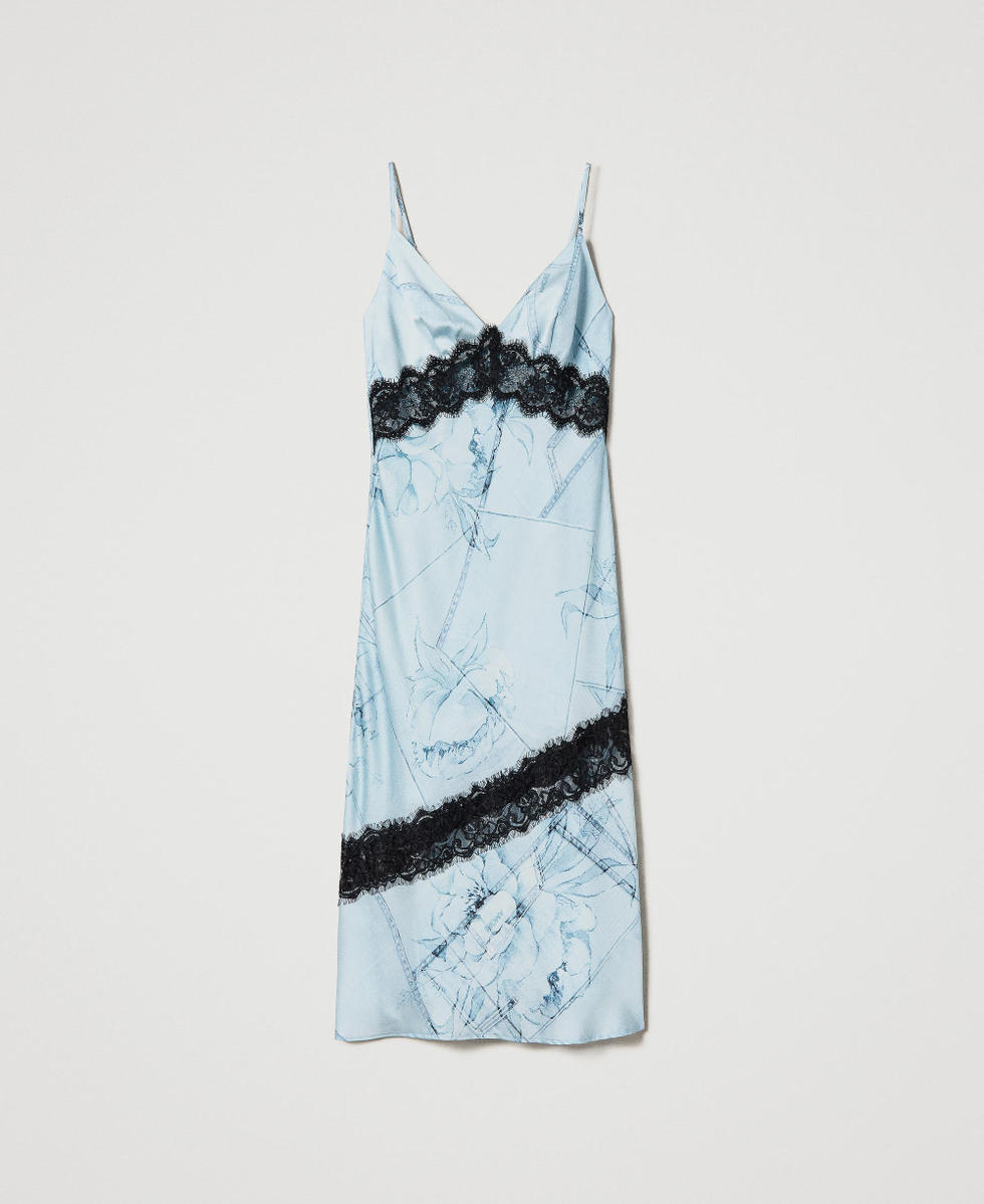 Satin slip dress with lace Woman Light blue TWINSET Milano