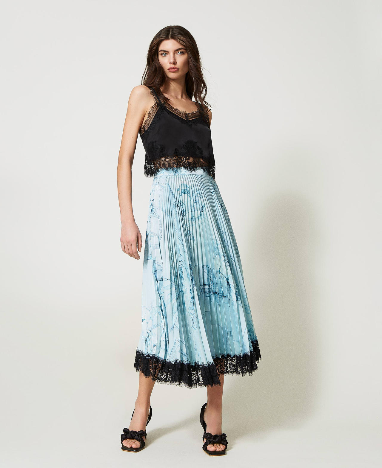 Long pleated satin skirt with lace Denim & Flowers print Woman 231AT2282-02