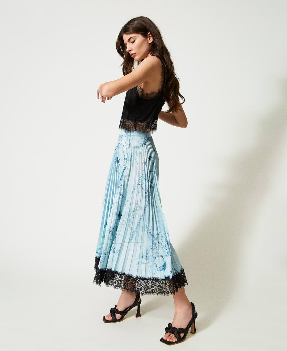 Long pleated satin skirt with lace Denim & Flowers print Woman 231AT2282-03