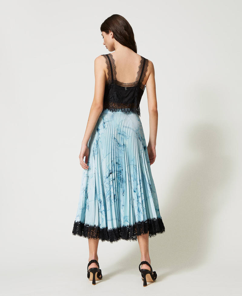 Long pleated satin skirt with lace Denim & Flowers print Woman 231AT2282-04