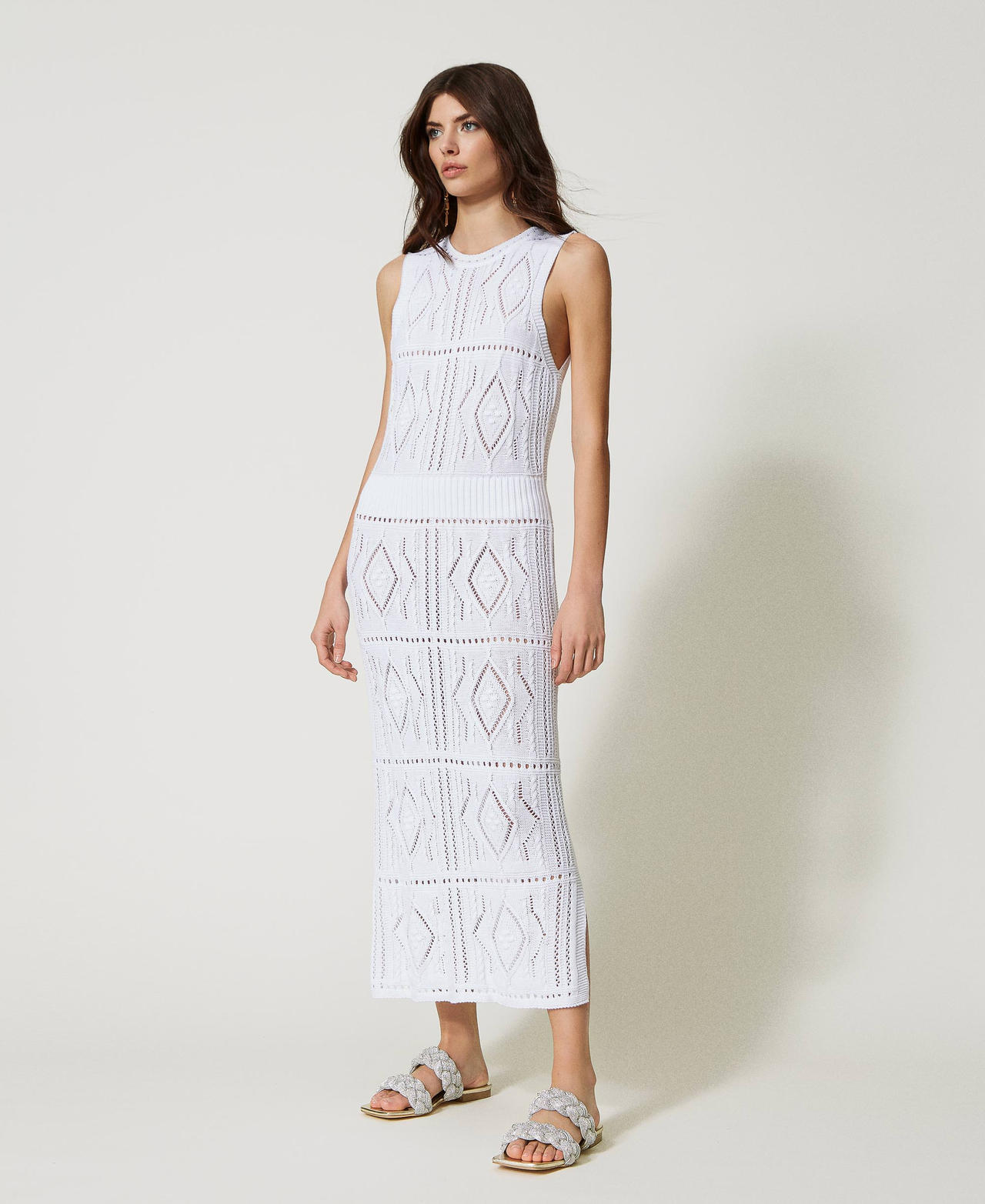 Midi knit dress with diamonds Bright White Woman 231AT3061-02