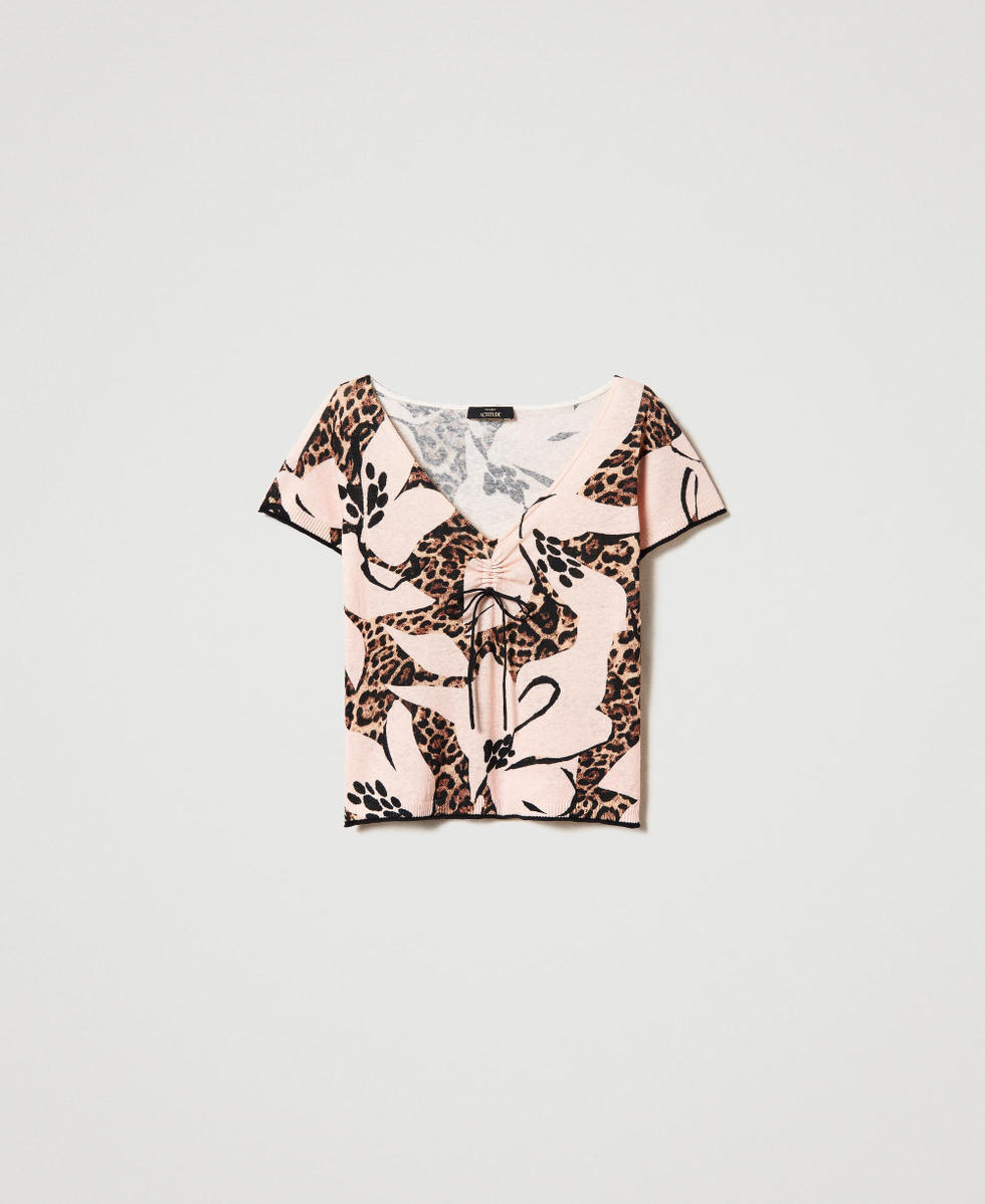 Maglia in misto lino con stampa animalier