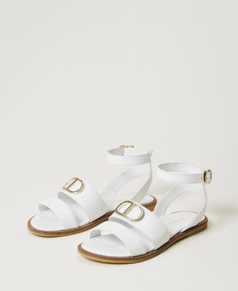 Leather sandals with logo Girl, Silver | TWINSET Milano