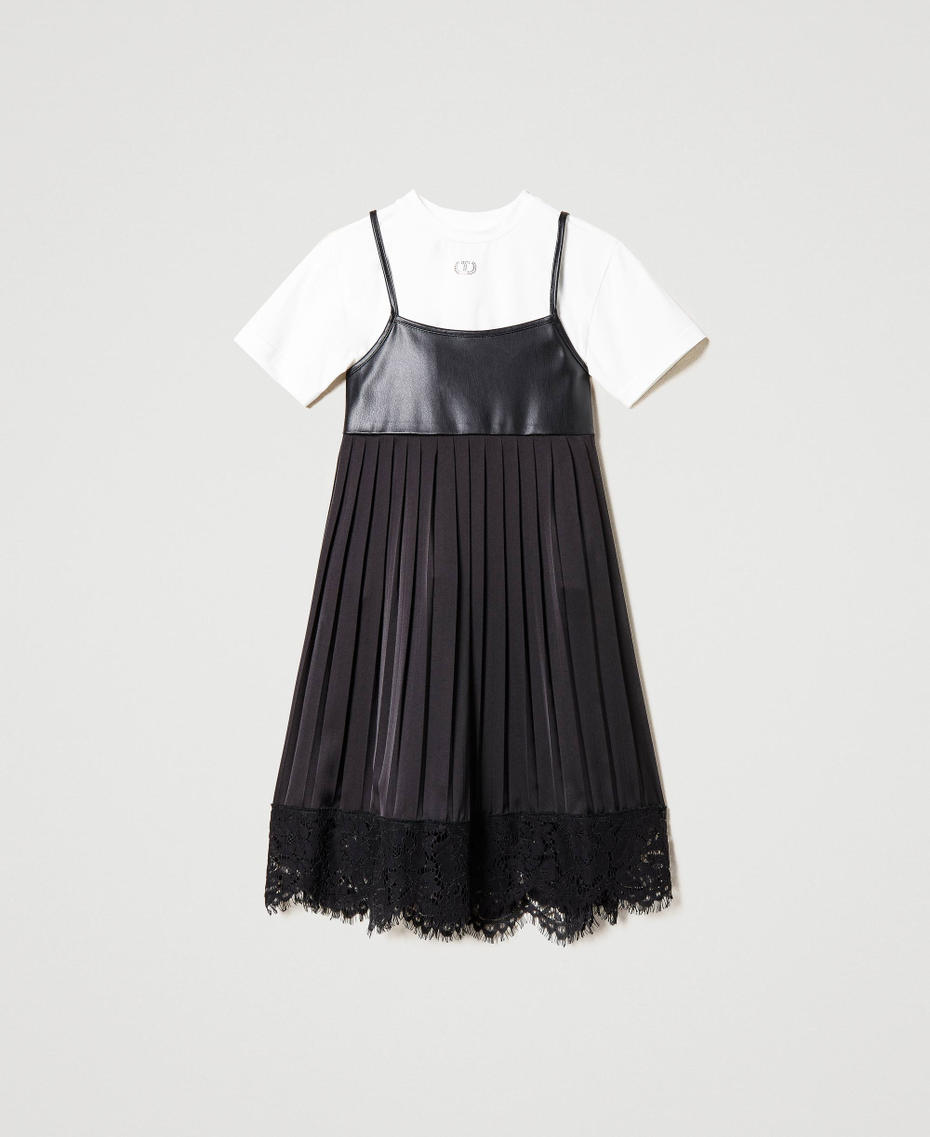 Плиссированное платье с кружевом и футболкой Двухцветный Зефир / Черный Девочка 231GJ2022-0S