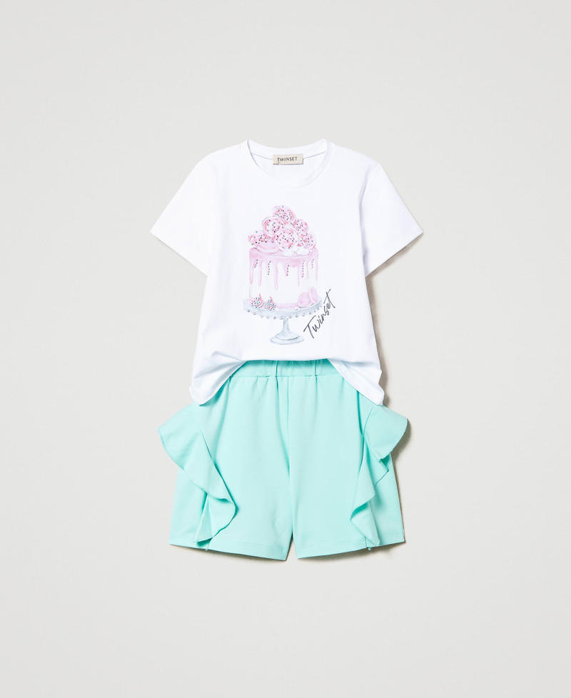 T-shirt stampata e shorts con volant Bicolor Meringa / Lattementa Bambina 231GJ2039-01