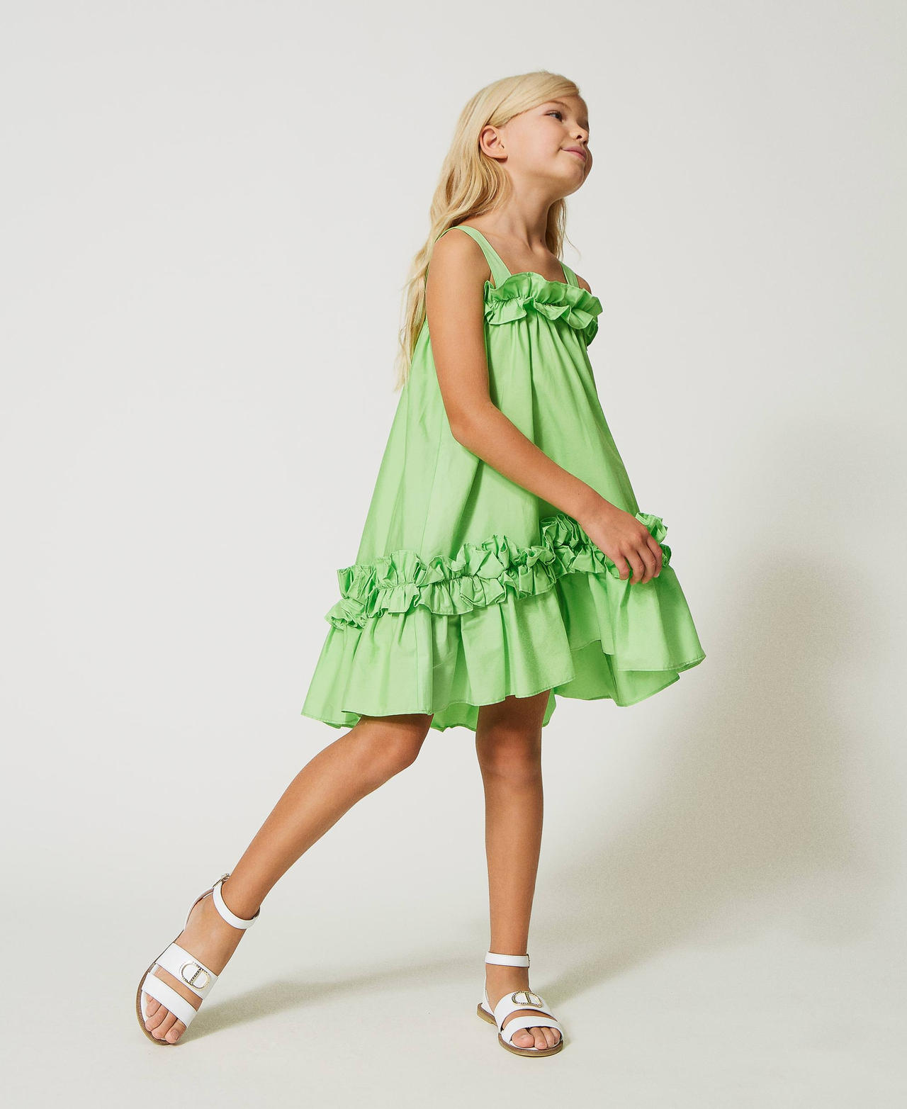 Short poplin dress with flounces and shoulder straps Grass Green Girl 231GJ2047-02