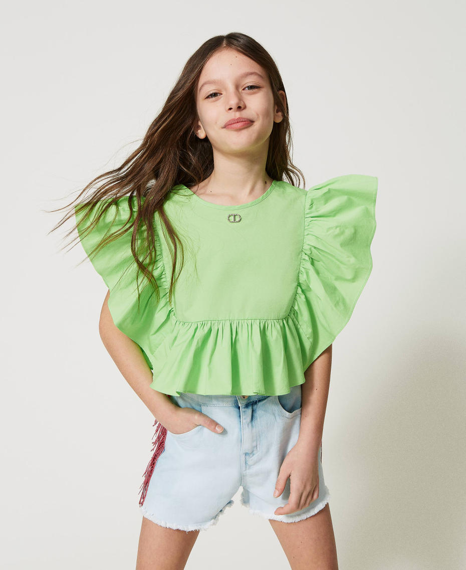 Cropped-Bluse aus Popeline mit Volant Grass Green Mädchen 231GJ2048-01