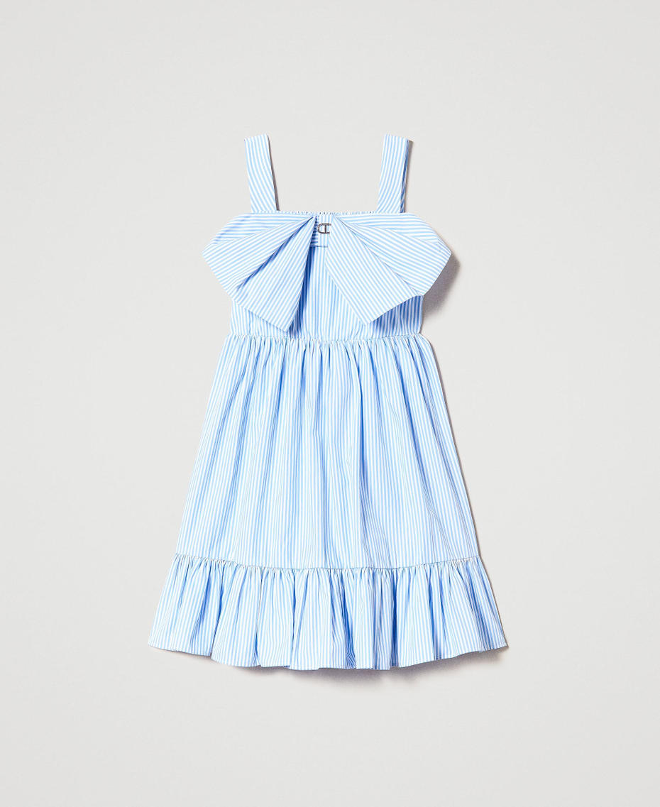 Kurzes Kleid aus gestreiftem Popeline mit Schleife Gestreift Azur Mädchen 231GJ204F-0S