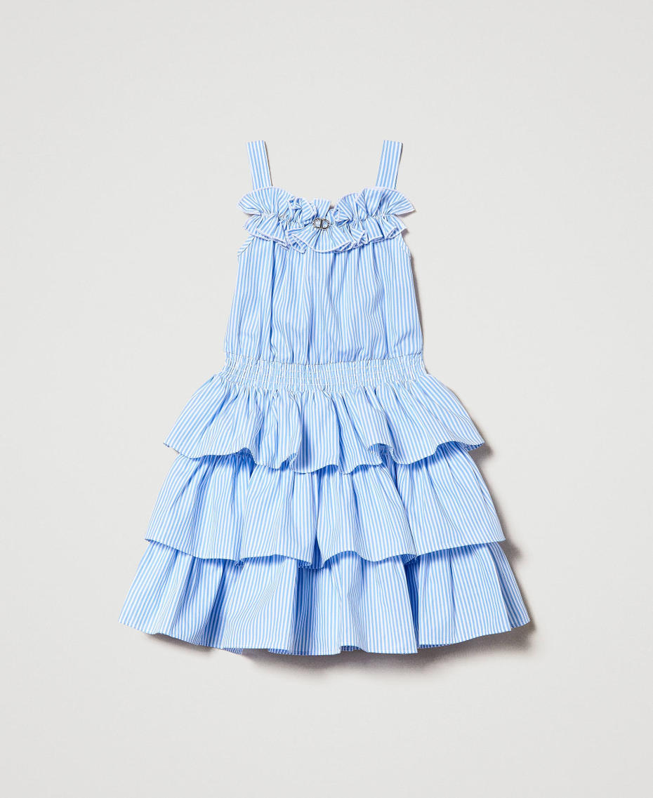 Короткое платье из поплина в полоску с оборками Полосаный Голубой Девочка 231GJ204K-01