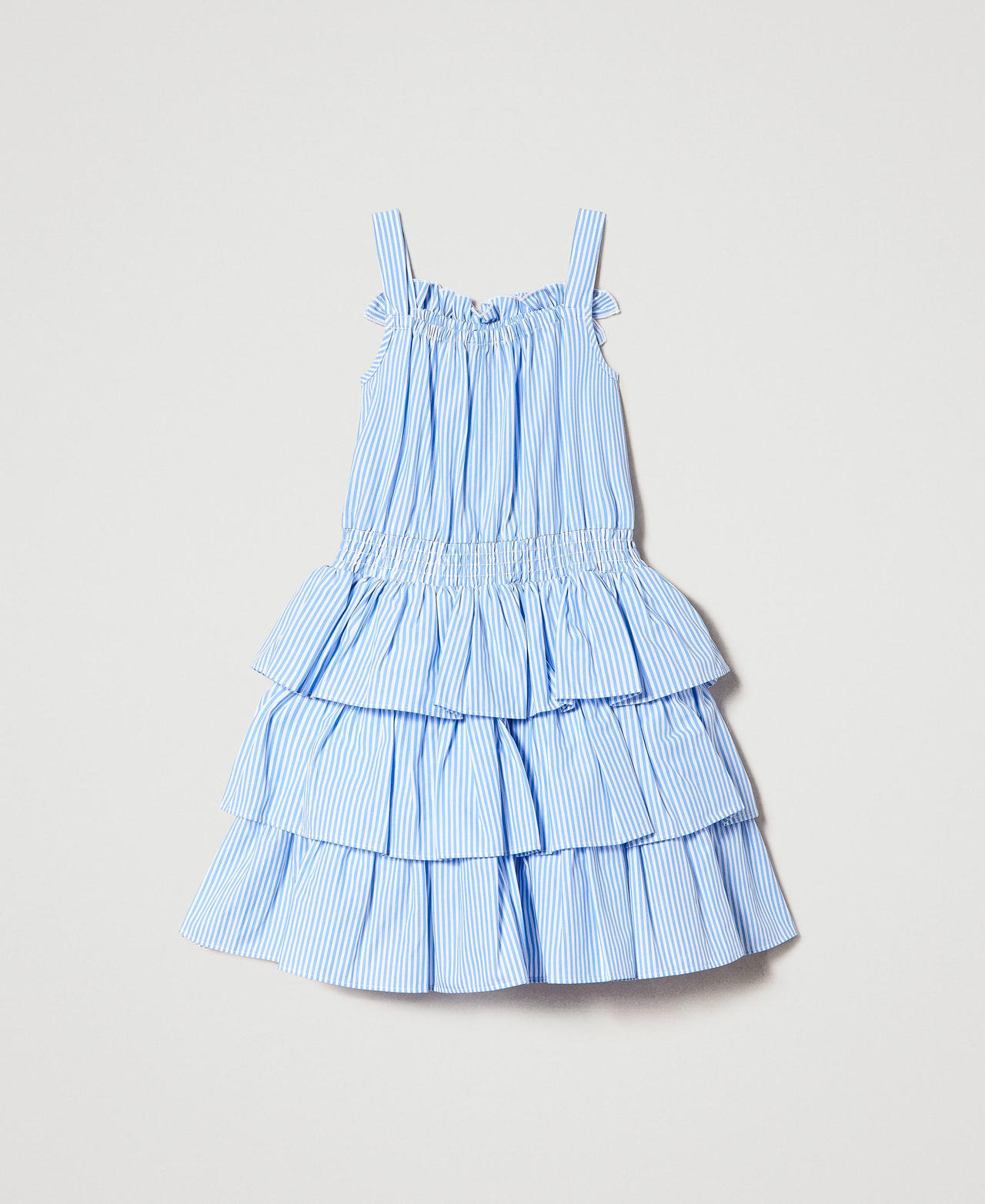 Short striped poplin dress with flounces