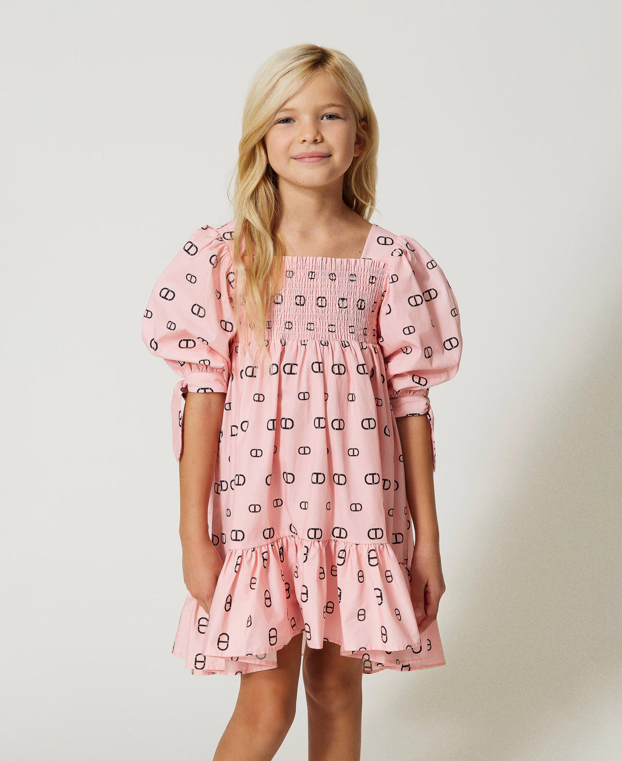 Short poplin dress with Oval T print Pastel Pink Oval T Print Girl 231GJ2051-02