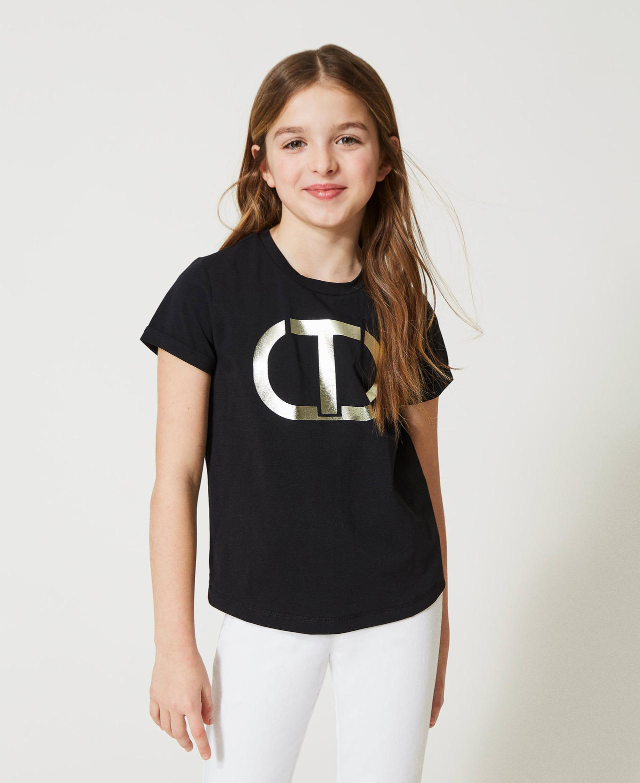 T-Shirt mit metallisiertem „Oval T“-Logo Schwarz Mädchen 231GJ205H-02