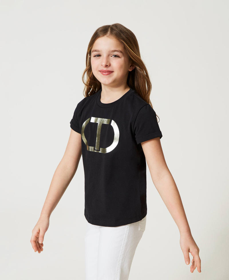 T-Shirt mit metallisiertem „Oval T“-Logo Schwarz Mädchen 231GJ205H-03