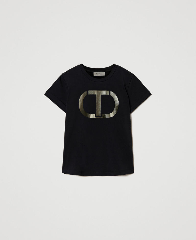T-shirt with laminated Oval T logo Girl, Black | TWINSET Milano