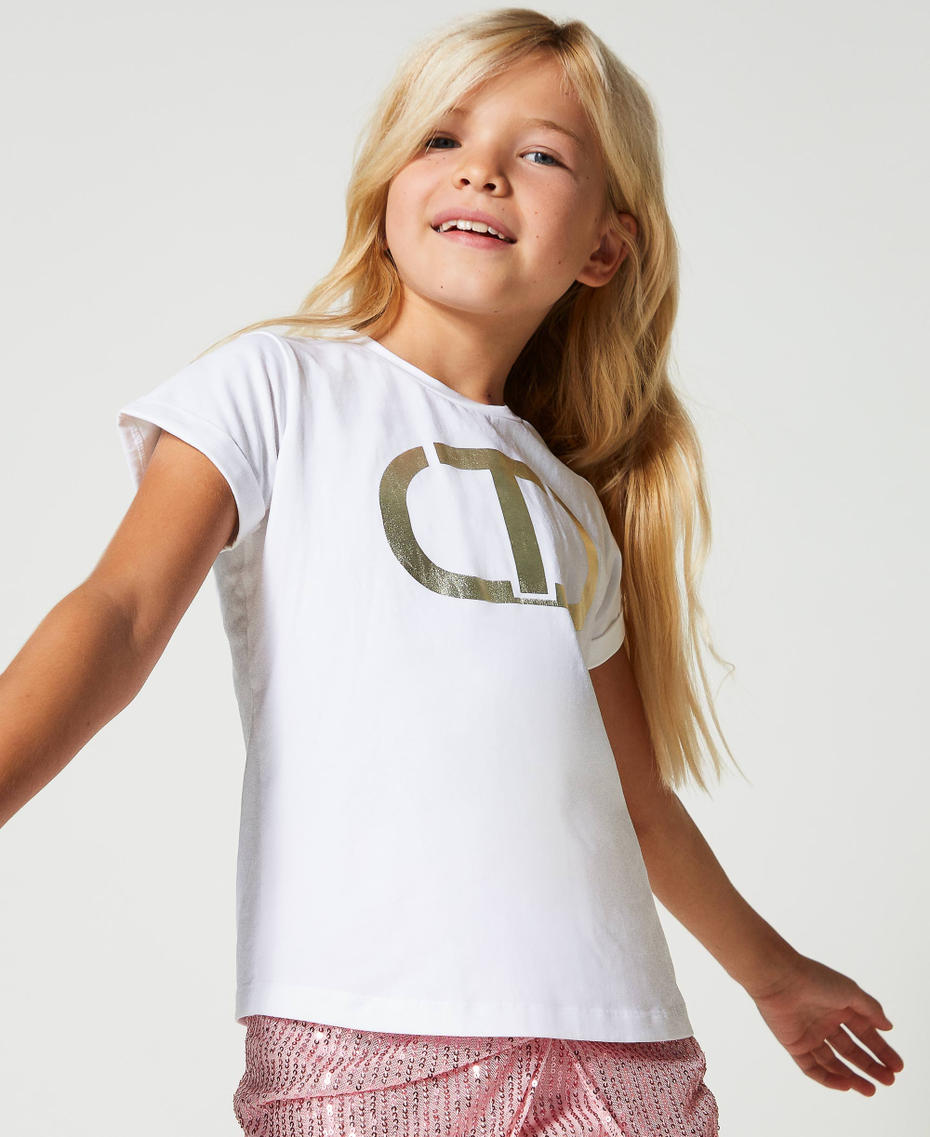 T-Shirt mit metallisiertem „Oval T“-Logo Schwarz Mädchen 231GJ205H-04
