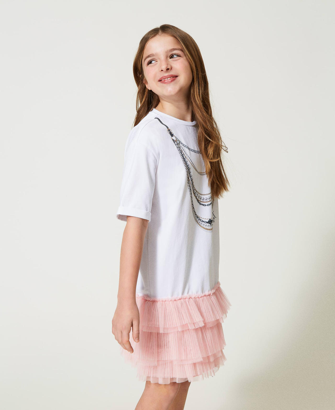 Oversized dress with pleated tulle