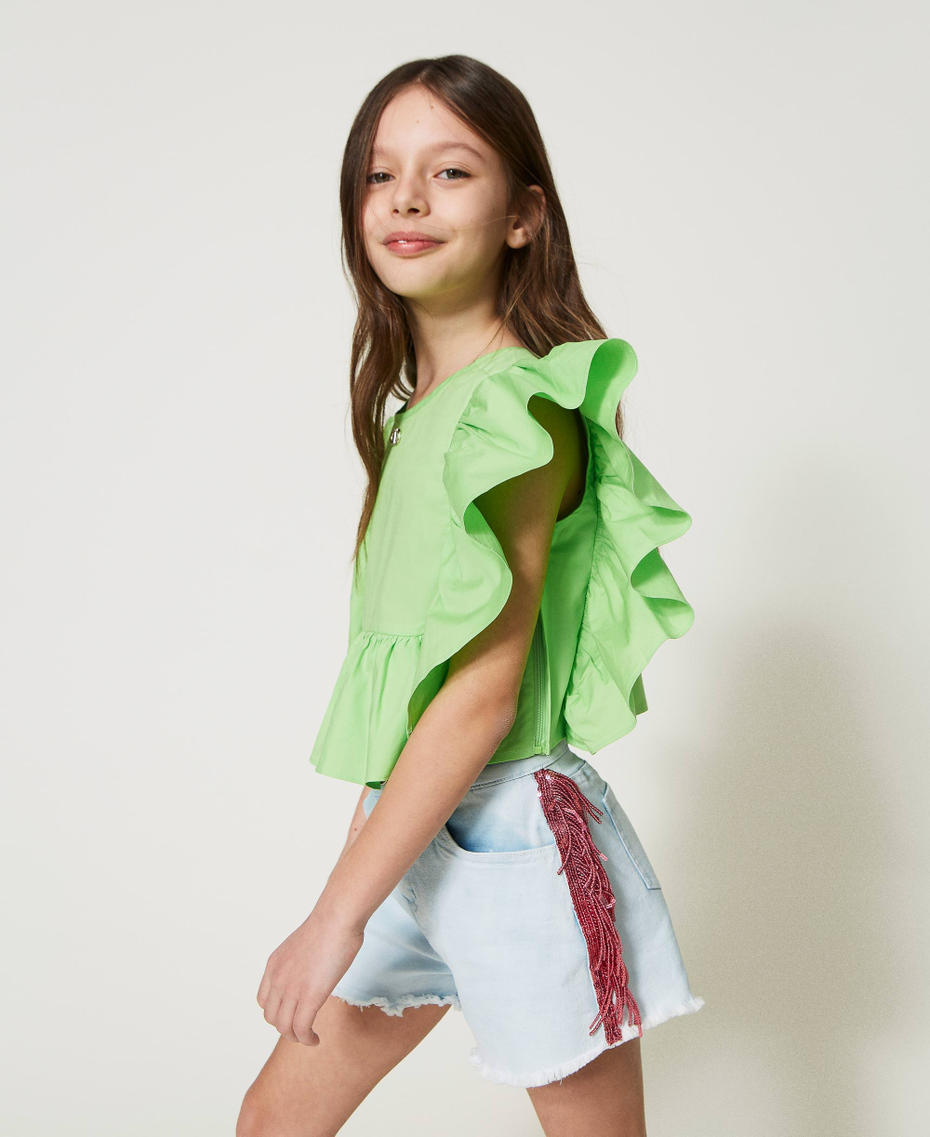 Denim shorts with sequin fringes "Bleach” Denim Girl 231GJ209L_06807_03
