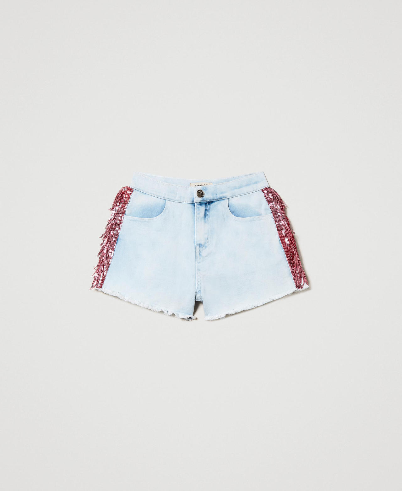 Denim shorts with sequin fringes "Bleach” Denim Girl 231GJ209L_06807_0S