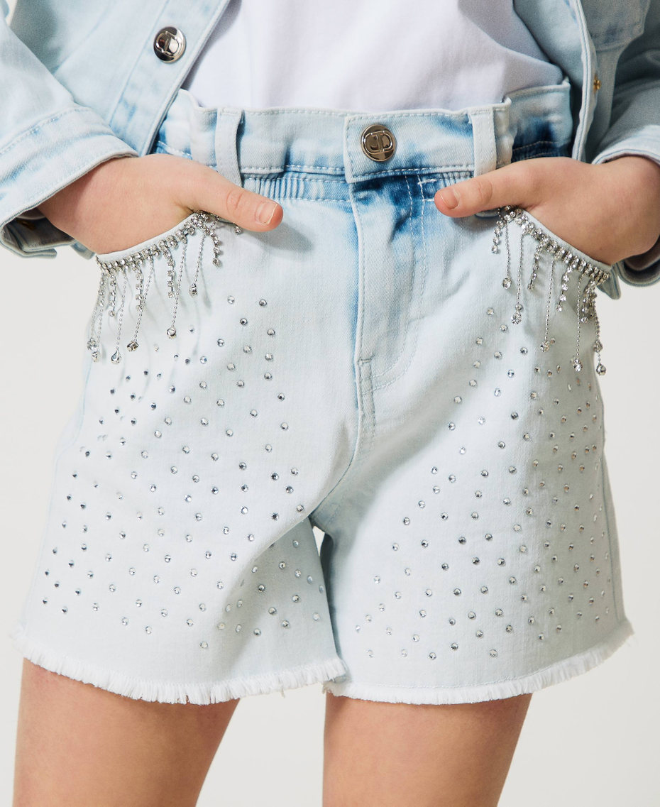 Paper bag shorts made from full rhinestone denim