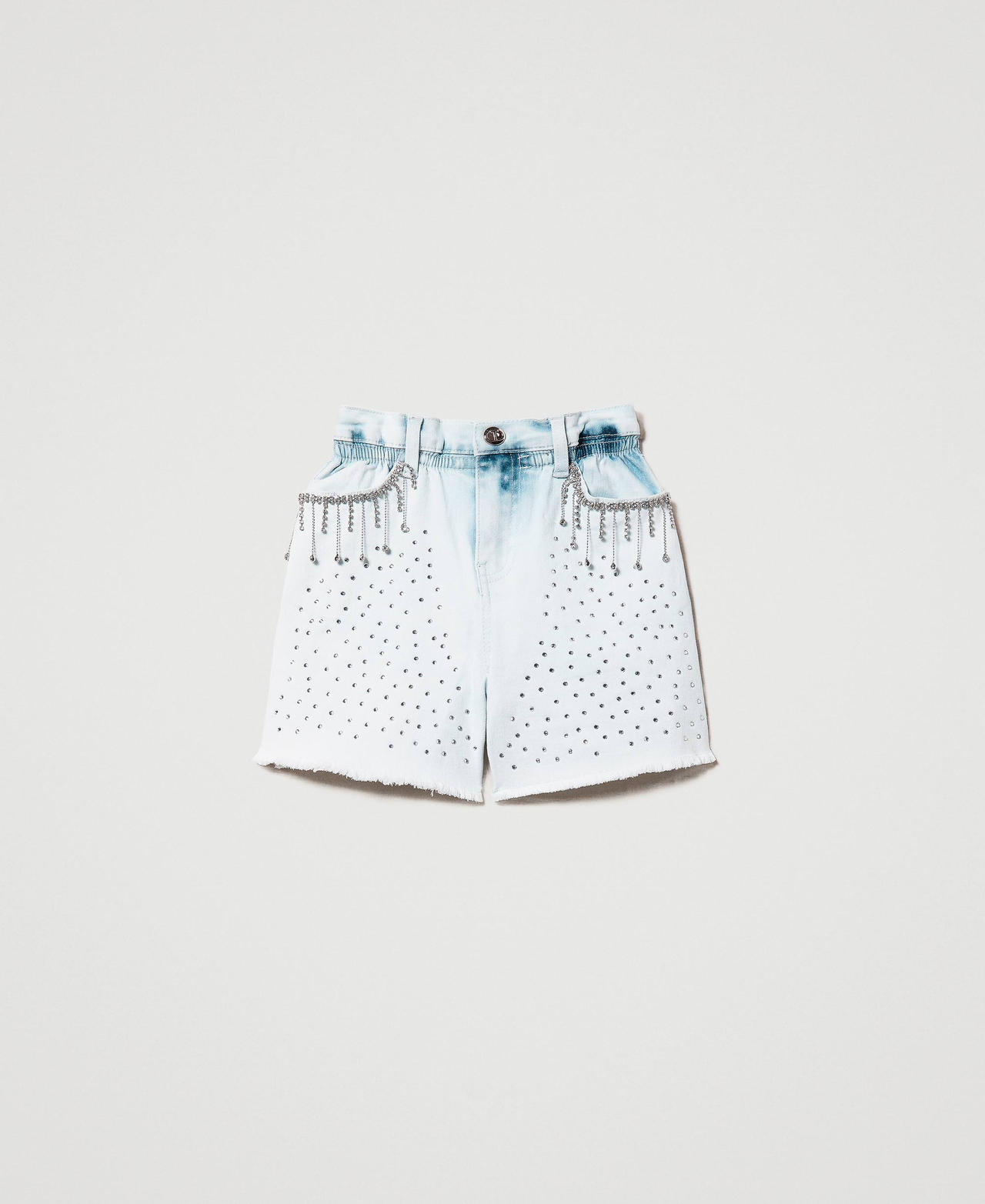 Paper bag shorts made from full rhinestone denim