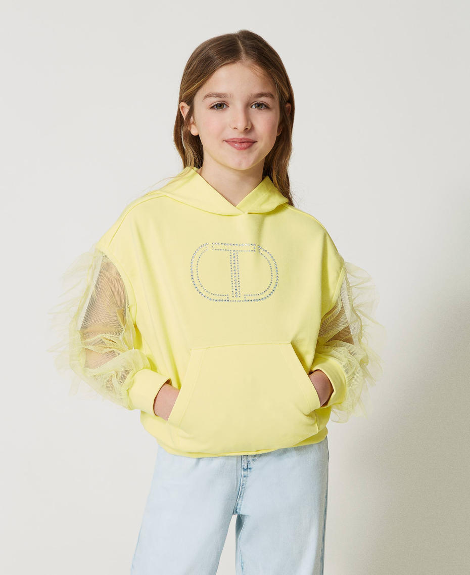 Maxi Oval T hoodie with tulle sleeves "Limelight” Yellow Girl 231GJ2112-01