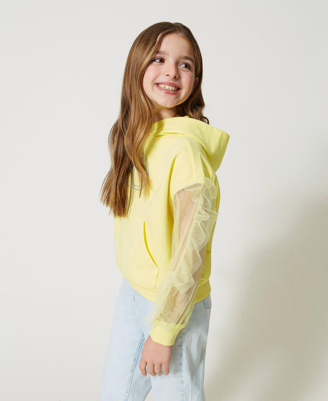 Maxi Oval T hoodie with tulle sleeves "Limelight” Yellow Girl 231GJ2112-02