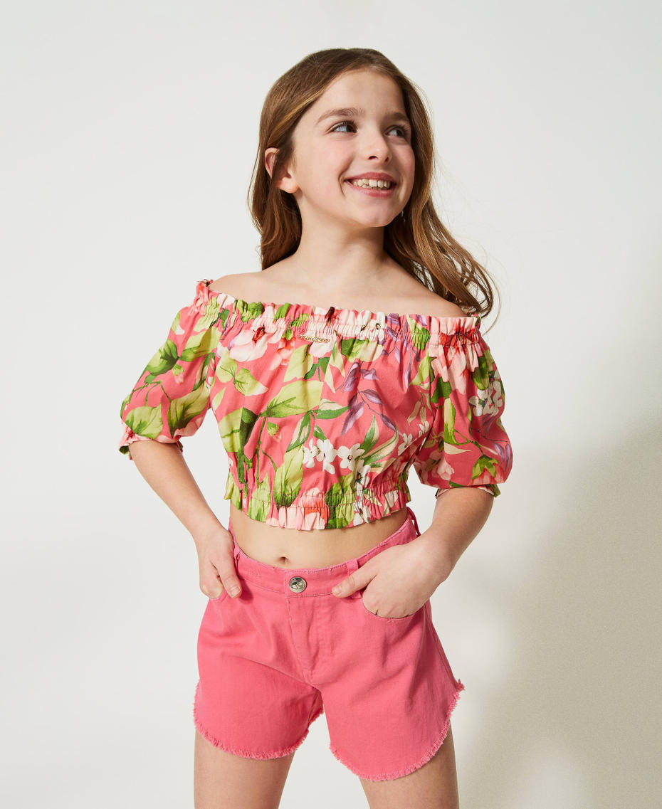 Блузка с открытыми плечами из поплина с цветочным принтом Принт Весна Герань Девочка 231GJ2145-01