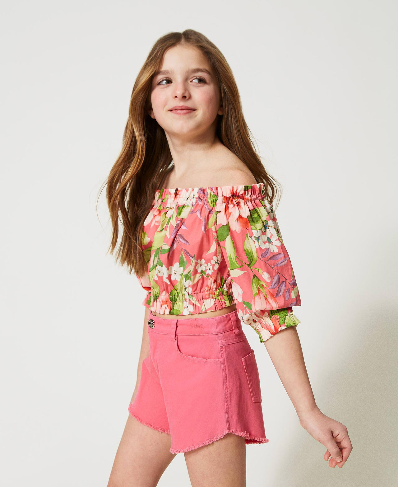 Блузка с открытыми плечами из поплина с цветочным принтом Принт Весна Герань Девочка 231GJ2145-02