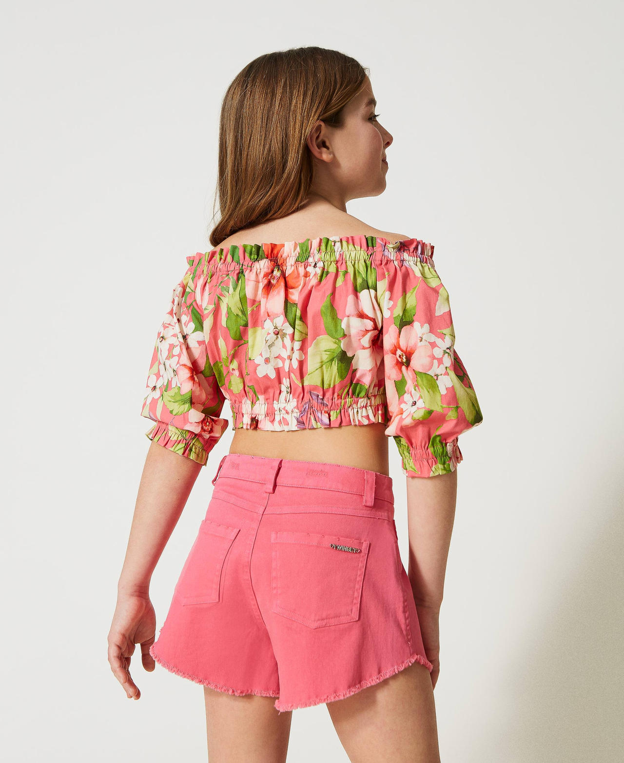 Off-shoulder floral poplin blouse