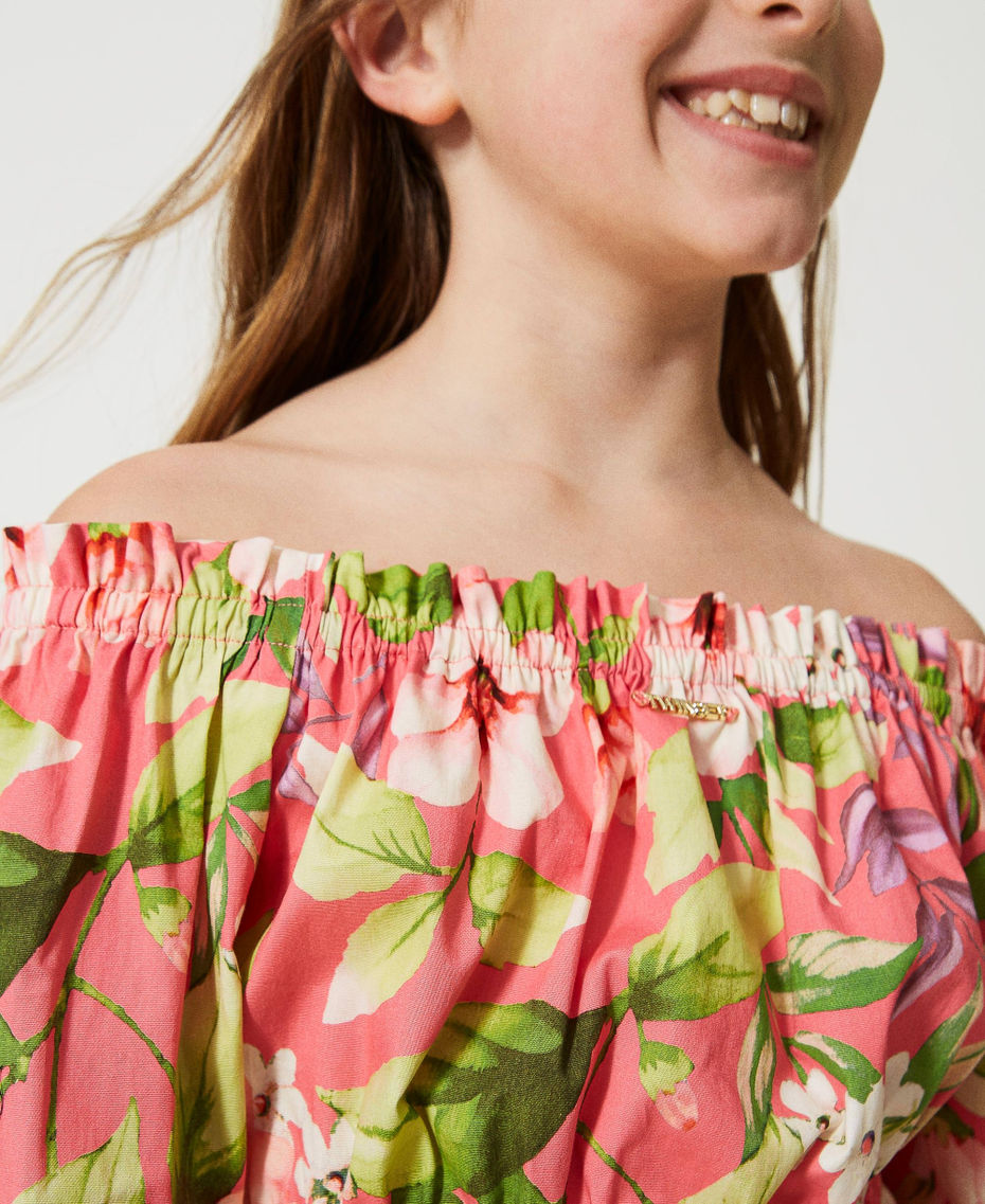 Off-shoulder floral poplin blouse Geranium Spring Print Girl 231GJ2145-04