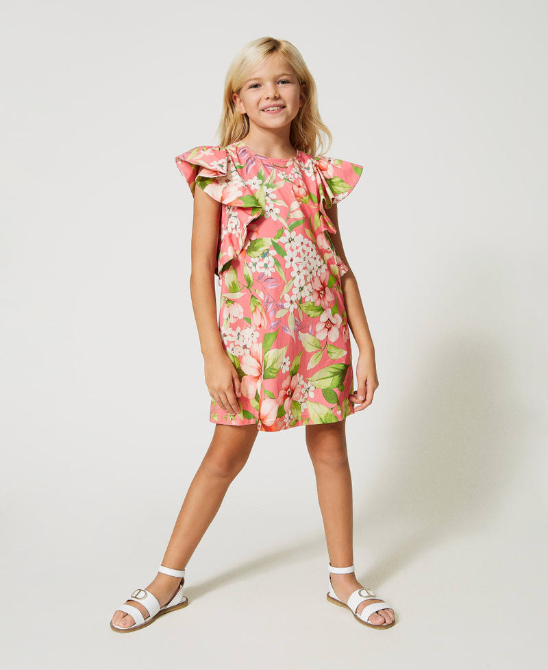 Short floral poplin dress with maxi sleeves Geranium Spring Print Girl 231GJ2148-01