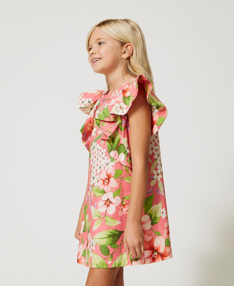 Kurzes Kleid aus geblümtem Popeline mit Maxi-Ärmeln Print Spring Geranie Mädchen 231GJ2148-02