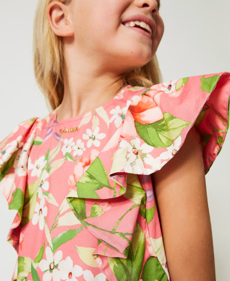Short floral poplin dress with maxi sleeves Geranium Spring Print Girl 231GJ2148-04