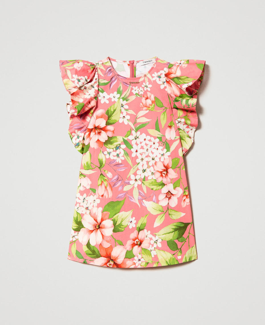 Kurzes Kleid aus geblümtem Popeline mit Maxi-Ärmeln Print Spring Geranie Mädchen 231GJ2148-0S