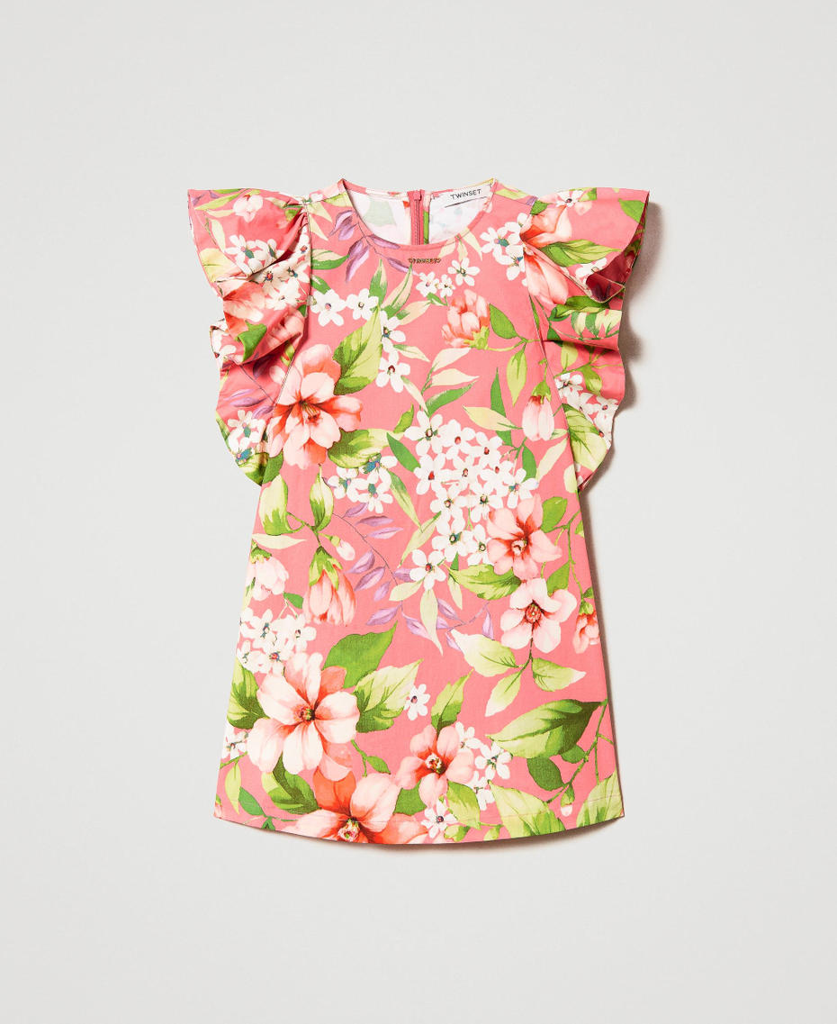 Robe courte en popeline florale avec maxi manches