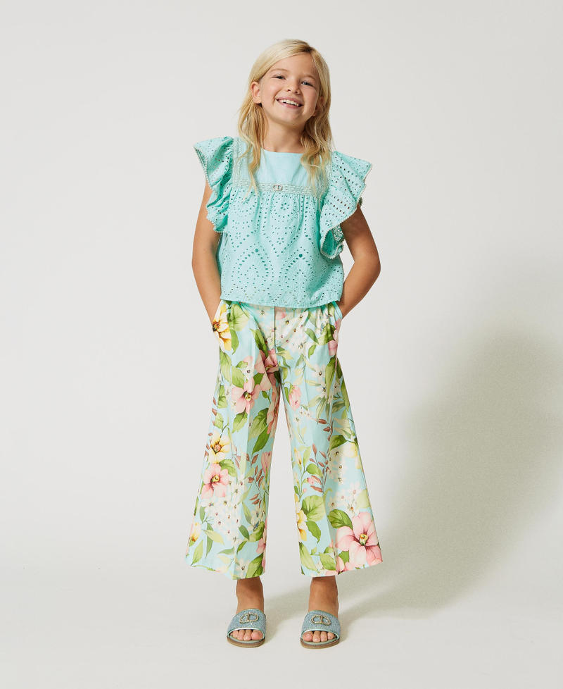 Укороченные брюки из поплина с цветочным рисунком Принт Весна Мятно-молочный Девочка 231GJ2149-01