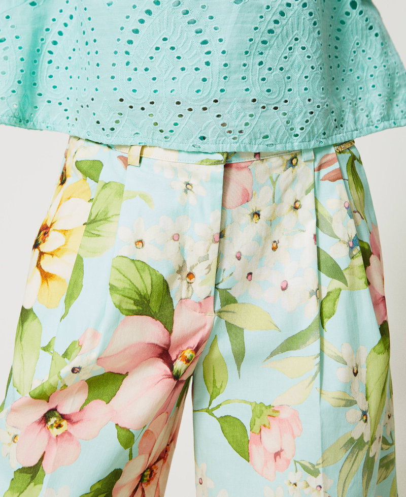 Укороченные брюки из поплина с цветочным рисунком Принт Весна Мятно-молочный Девочка 231GJ2149-04