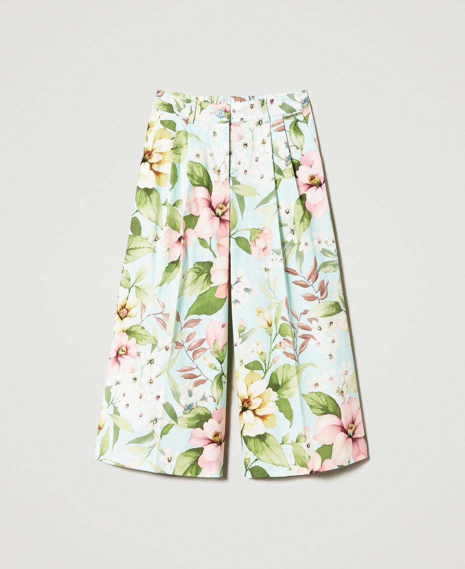 Укороченные брюки из поплина с цветочным рисунком Принт Весна Мятно-молочный Девочка 231GJ2149-0S