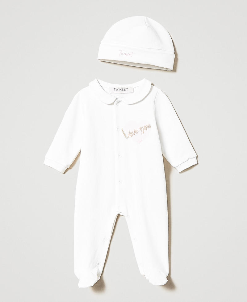 Printed romper suit with beanie